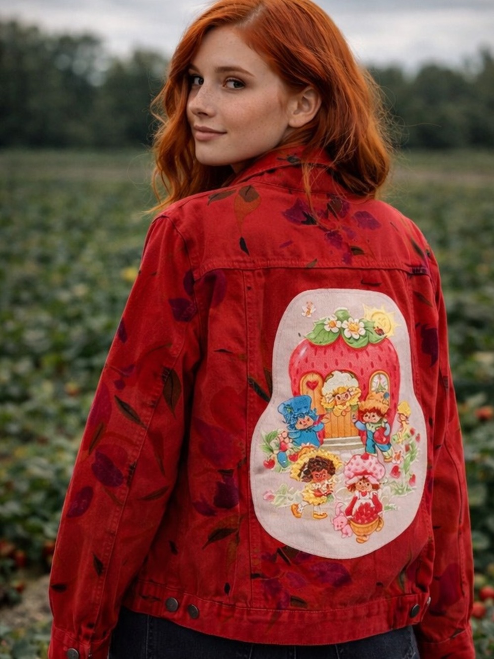 Custom Upcycled Strawberry Shortcake Chicos Red Floral Jacket Size 1 M L OOAK